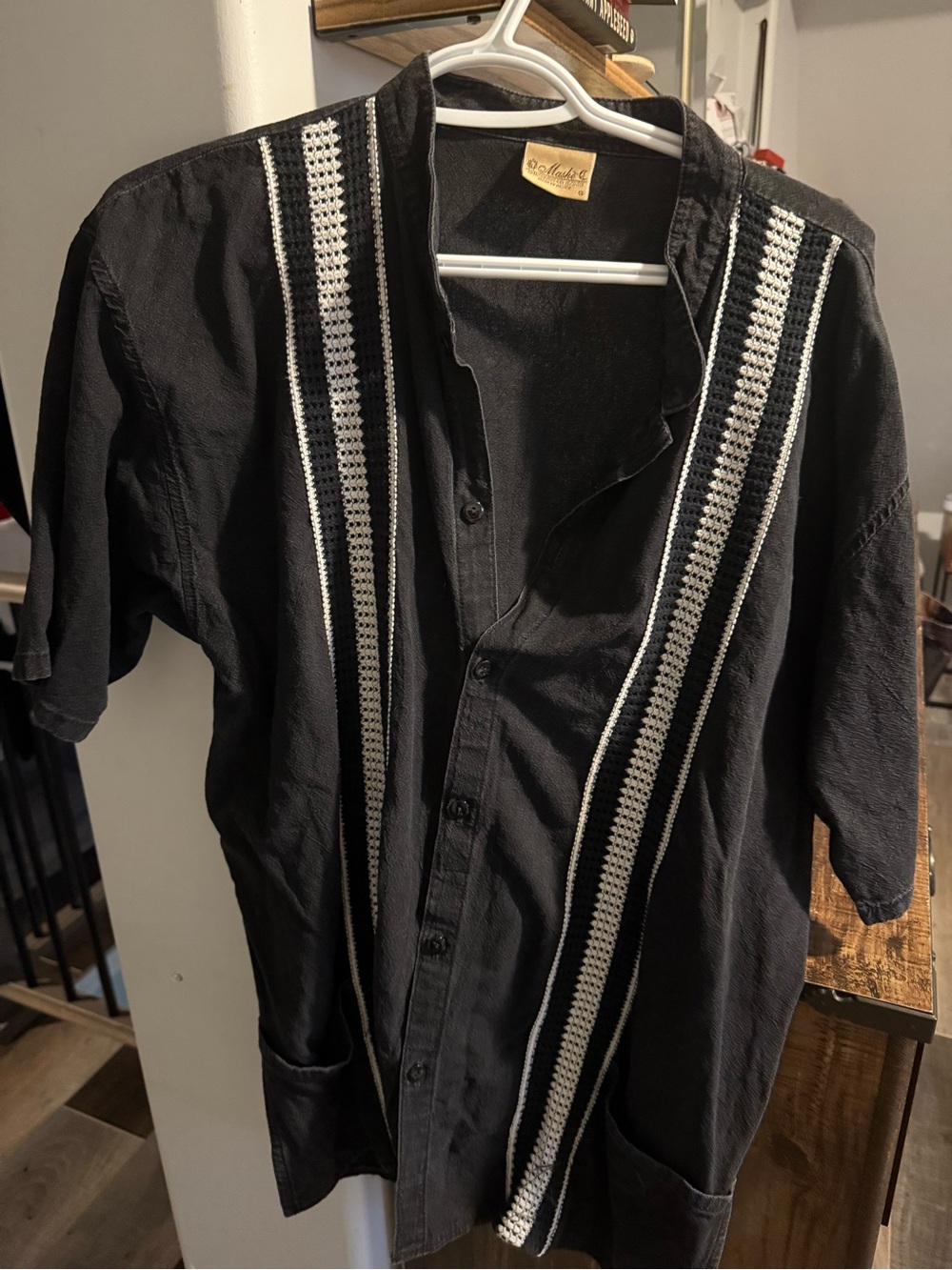 Men's Black Short-Sleeve Button Shirt Jacket with White Trim